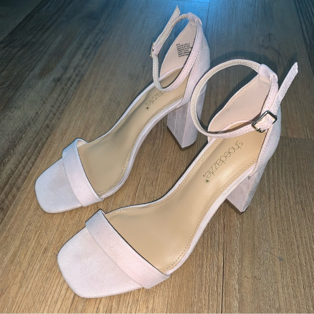 baby pink suede block heels - women's 6.5